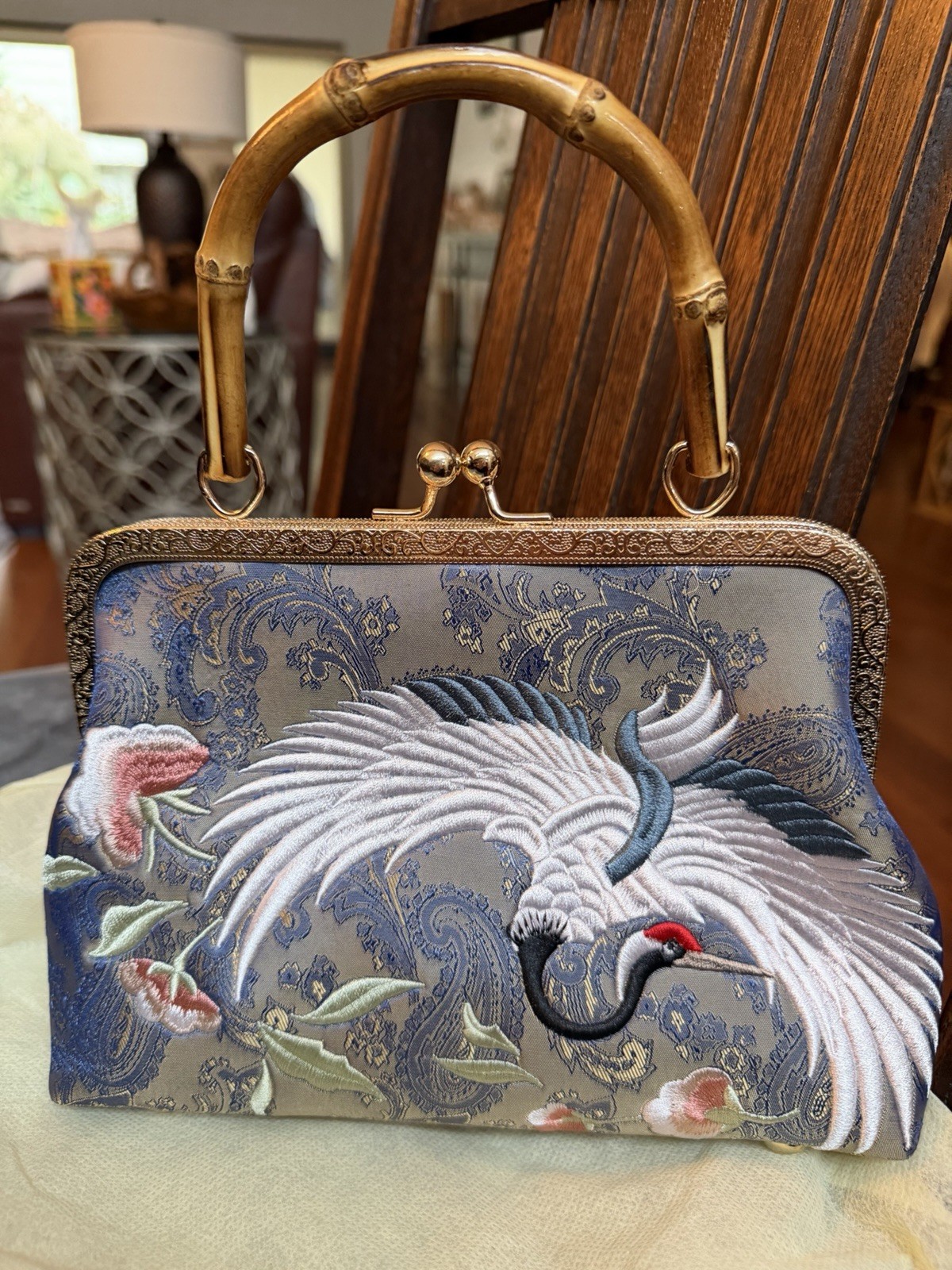 Handbag With Chinese Crane Embroidery & Bamboo Handle