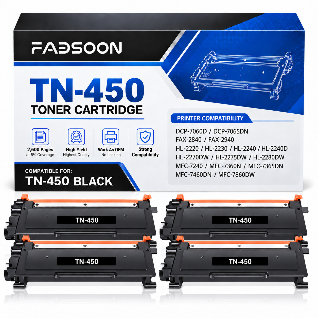 TN450 4PK BK Laser Toner Cartridge Replacement for DCP-7060D DCP-7065DN HL-2240