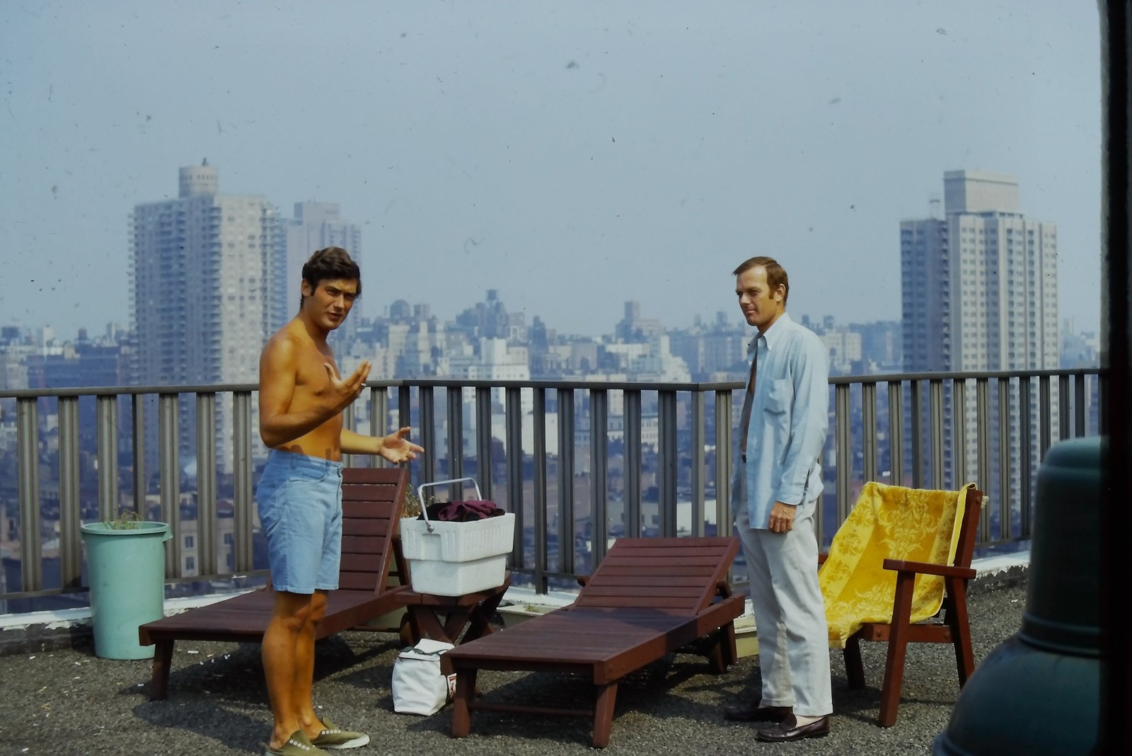 c1970's Kodachrome 35mm Slide, Men Rooftop City Skyline Lounge Chairs swimming