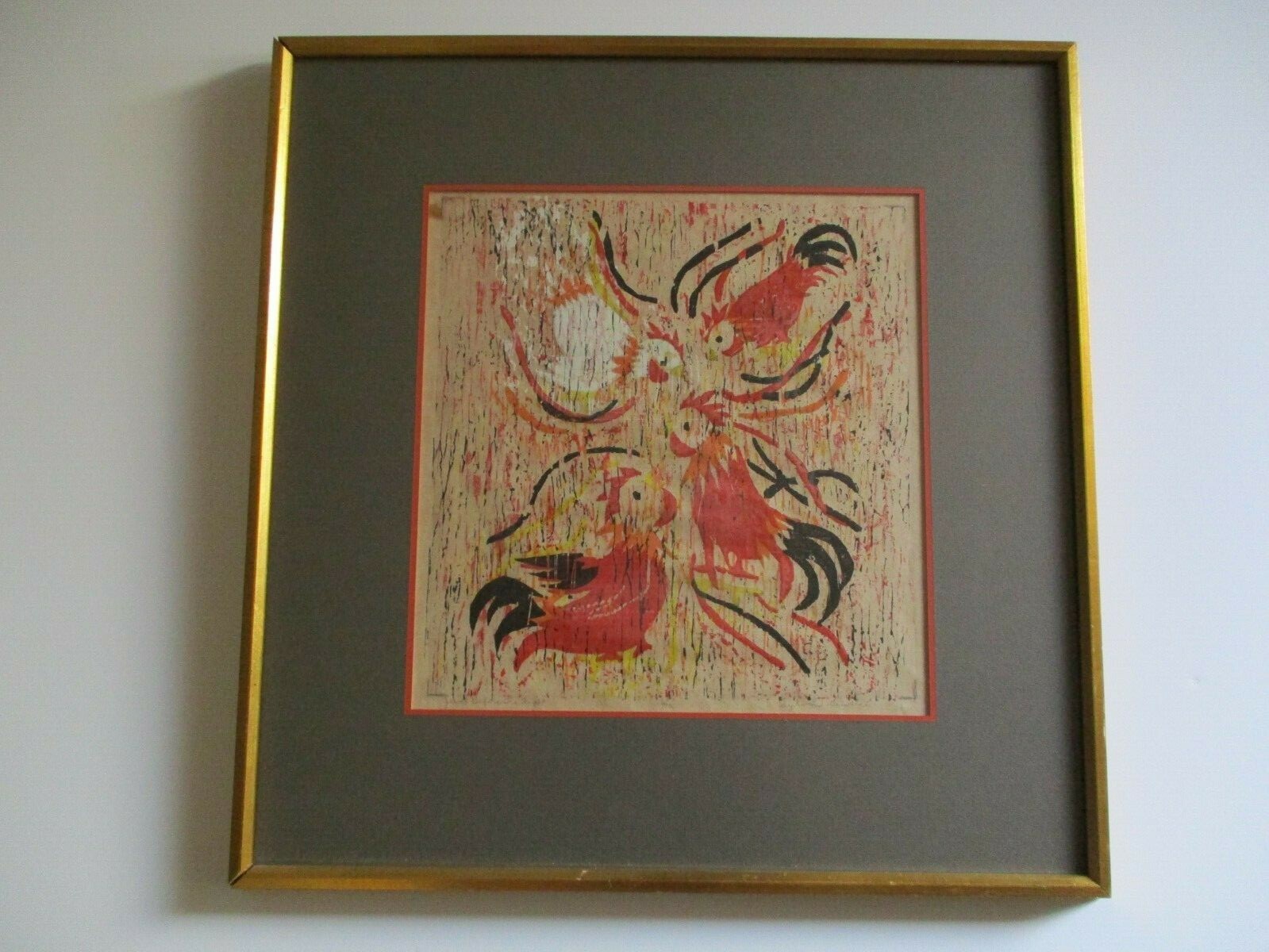 VINTAGE WOODBLOCK PRINT ABSTRACT CHICKEN MODERNISM SIGNED SYLVIA GUIDICI 1960\'S VINTAGE WOODBLOCK PRINT ABSTRACT CHICKEN MODERNISM SIGNED SYLVIA GUIDICI 1960\'S