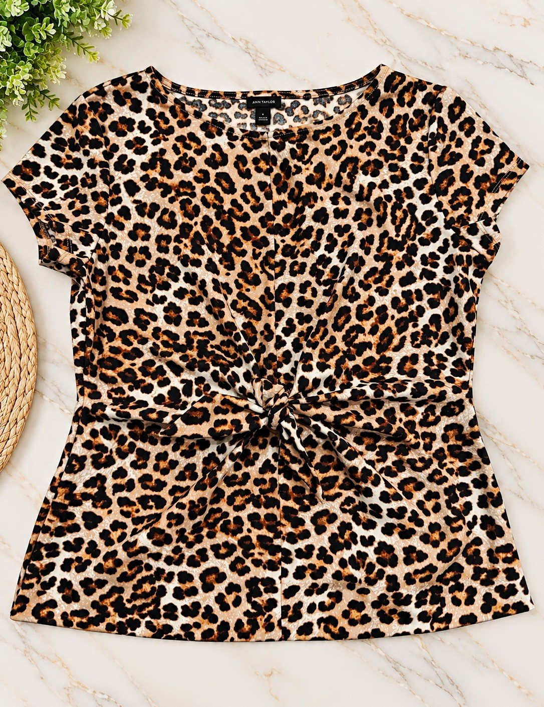 Ann Taylor Factory Leopard Animal Print Twist Front Round Neck Blouse L