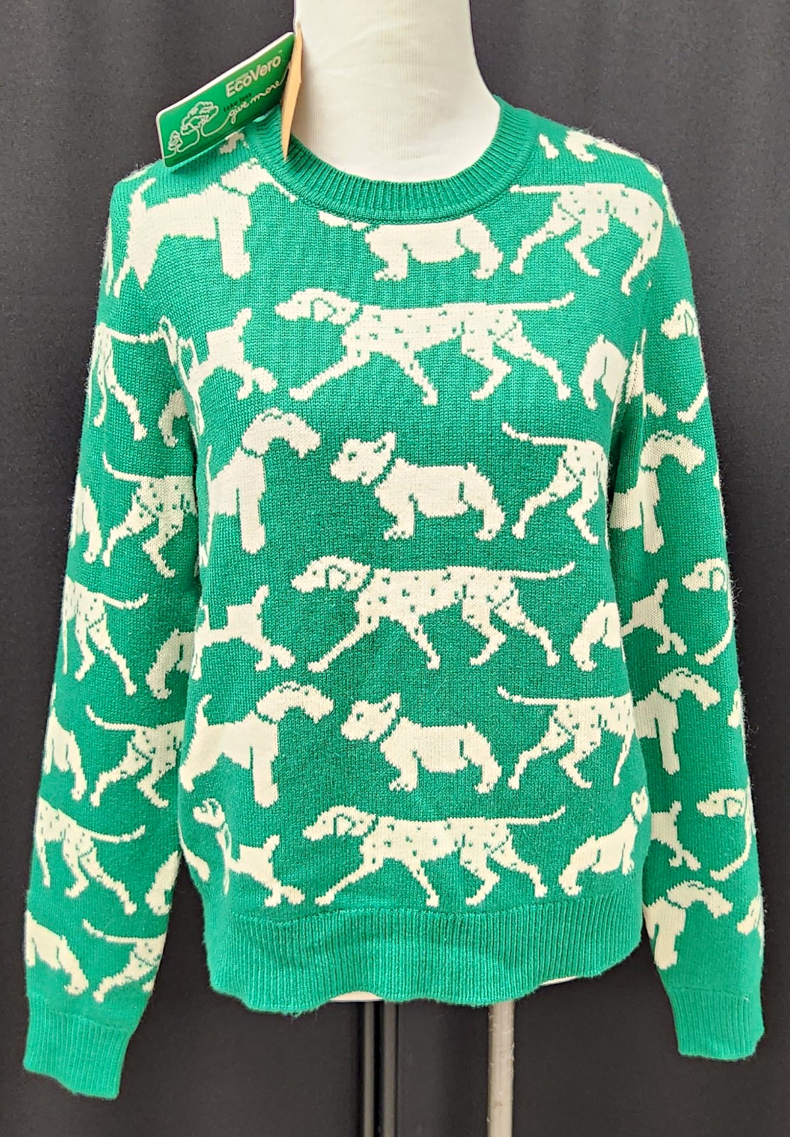 Boden Women’s Green/White Dog Print Knit Crew Neck Pullover Sweater M