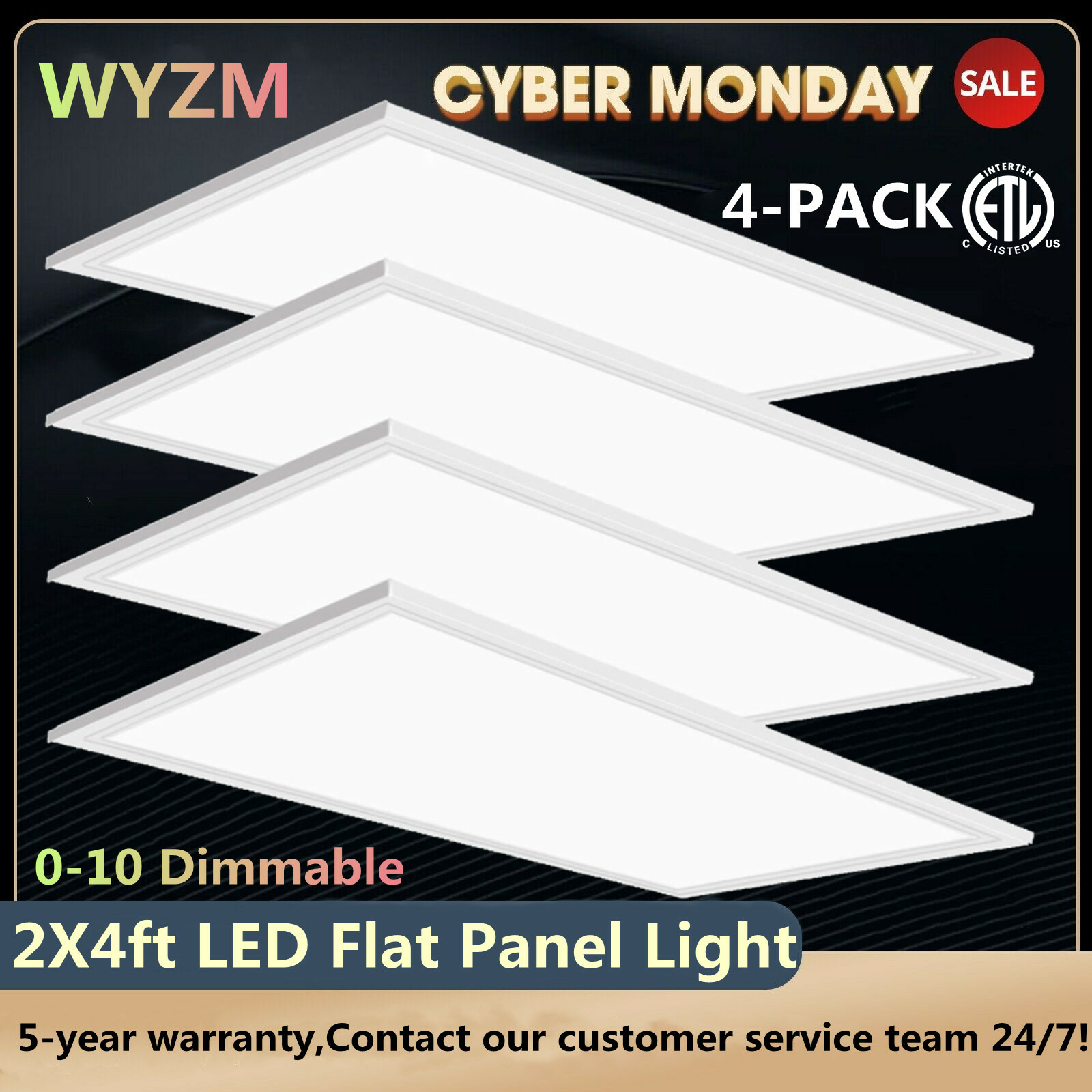 4Pack 2X4LED Flat Panel Light 75W Dimmable,Drop Ceiling Recessed Troffer Fixture