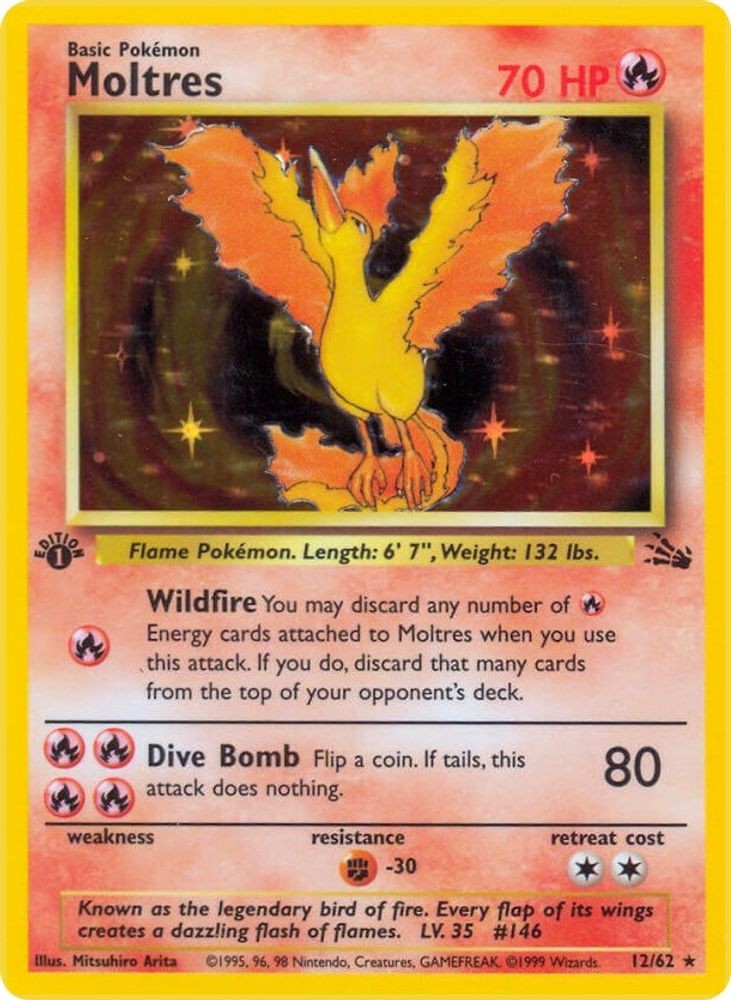 1999 PKM: FO - Moltres (12) (#12/62, 1st Edition Holofoil, Holo Rare, LP)