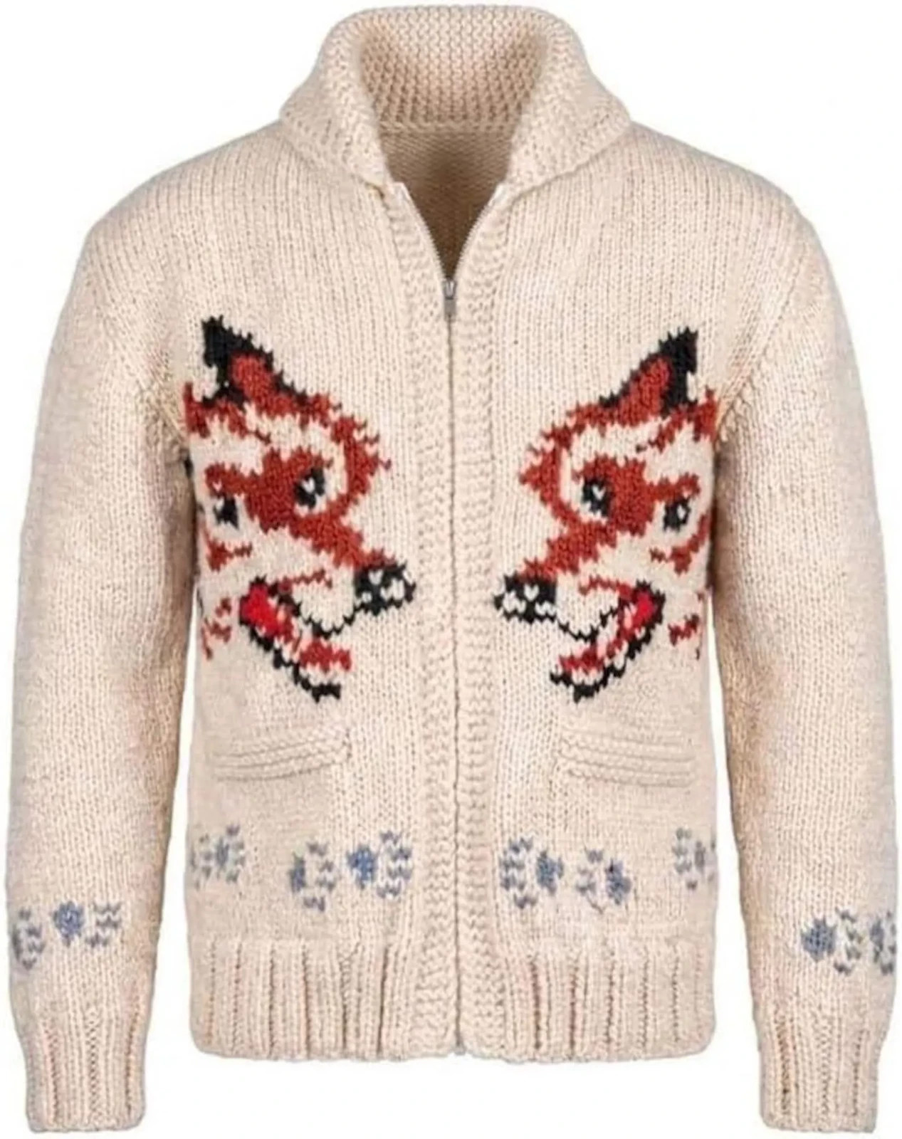 Men's Hand Knit Wool Wolf Cardigan – Vintage Canadian Cowichan Style Sweater