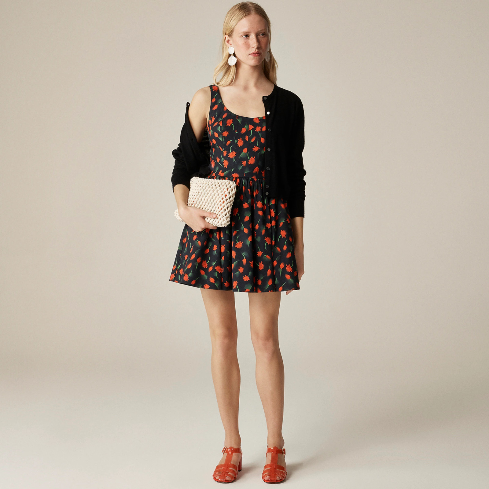 New J.CREW Fit and Flare Mini Dress Painted Daisy Print Black Multi $148 CK810