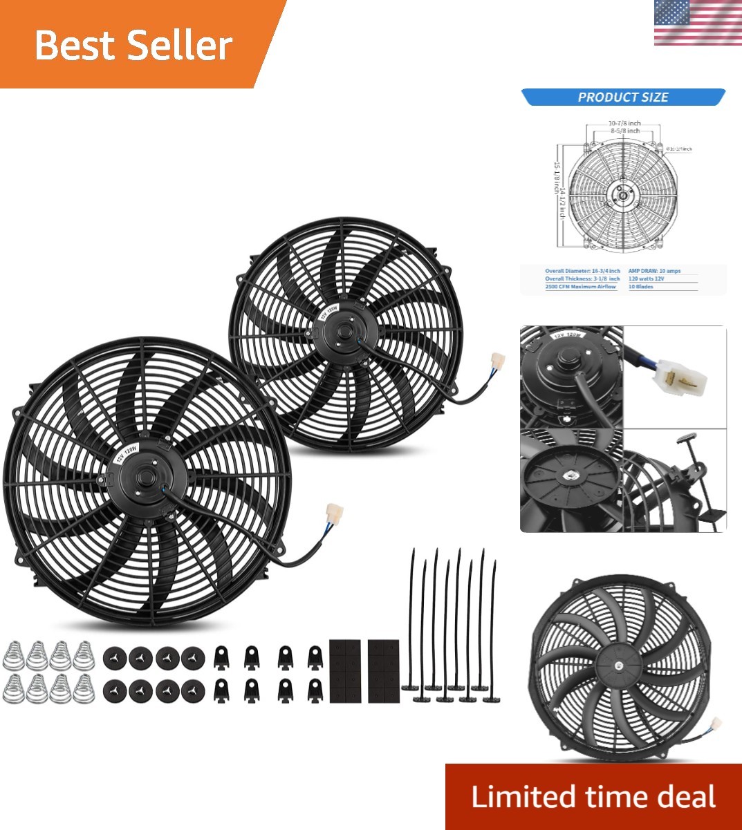 2PCS 16 Inch High Performance Reversible Electric Radiator Fans - 2500 CFM