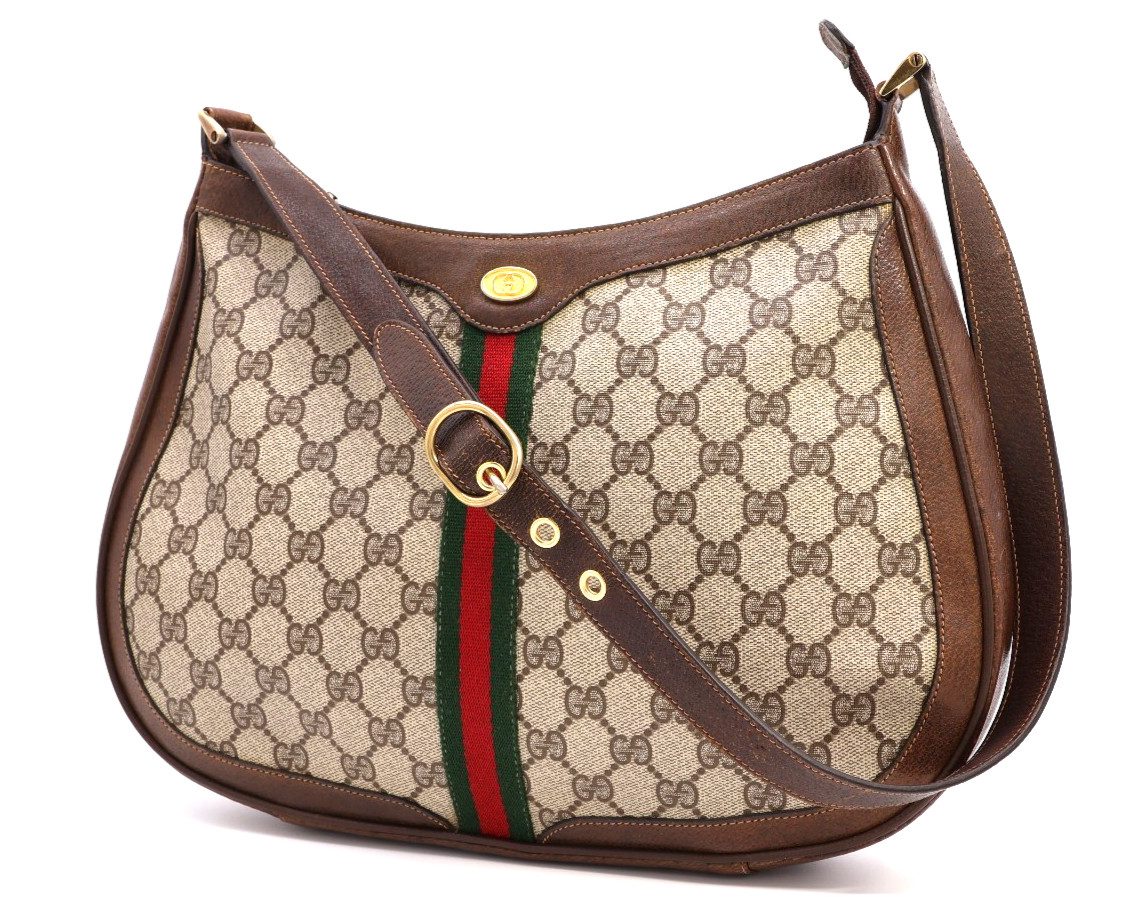 GUCCI VINTAGE Ophidia Shoulder Bag Purse Sherry Brown Leather Classic Authentic