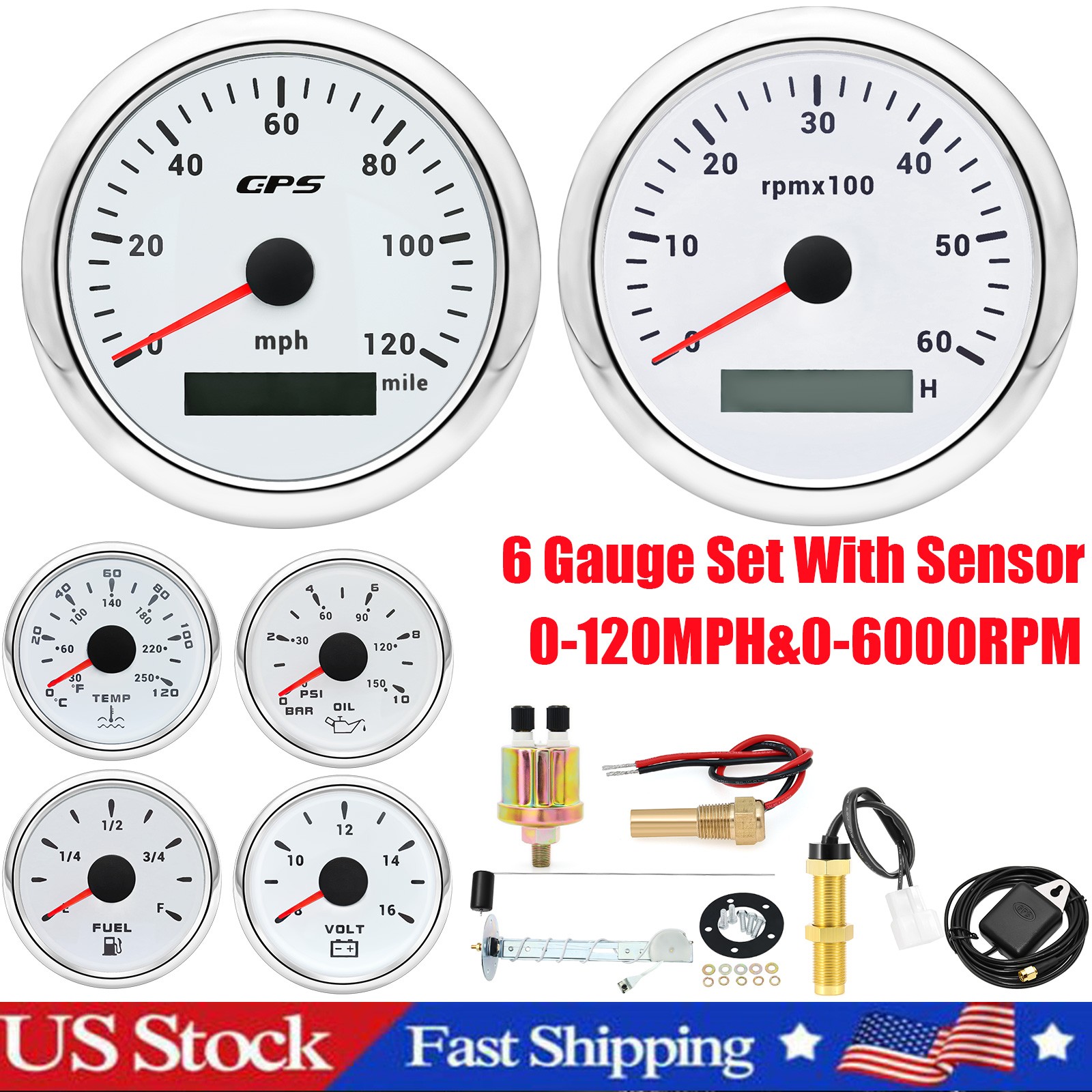 6 Gauge Set 85mm GPS Speedometer 120MPH Tacho/Fuel/Oil/Temp/Volt with Sensor US 6 Gauge Set 85mm GPS Speedometer 120MPH Tacho/Fuel/Oil/Temp/Volt with Sensor US