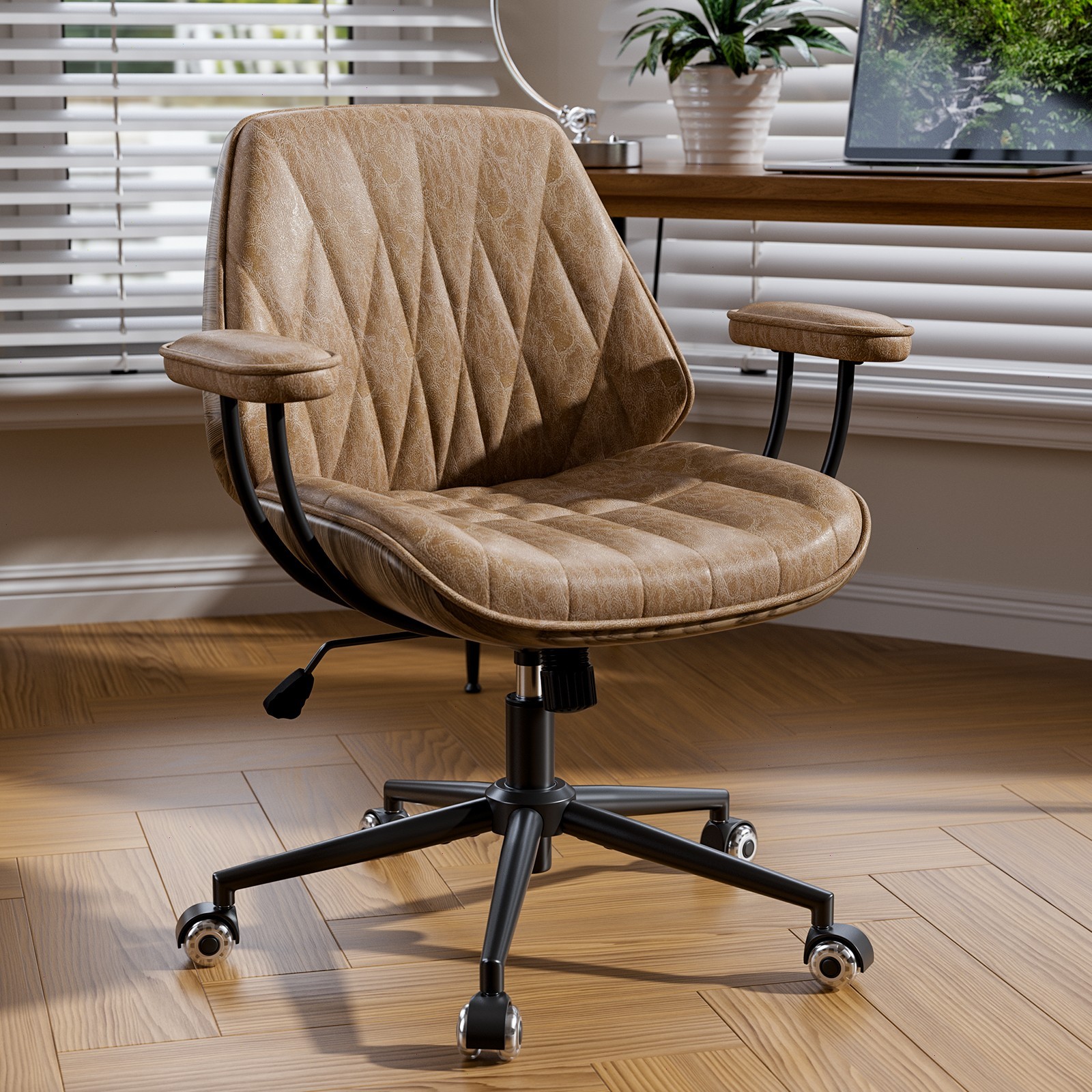 Vintage Swivel Office Desk Chair Faux Leather Mid Century Adjustable Height Arms Vintage Swivel Office Desk Chair Faux Leather Mid Century Adjustable Height Arms
