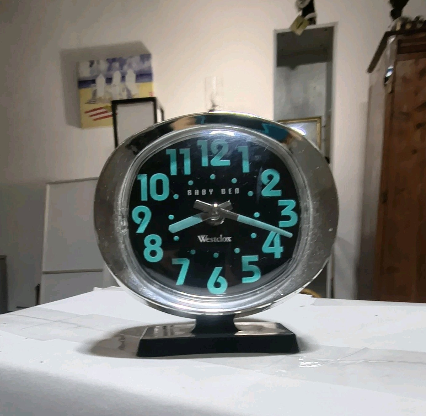 Vintage Westclox Baby Ben Style 8 Alarm Clock Black Luminous Teal MCM Works Vintage Westclox Baby Ben Style 8 Alarm Clock Black Luminous Teal MCM Works
