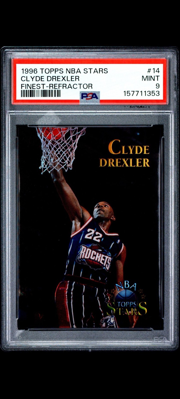 1996 Topps Stars - Clyde Drexler #14 Finest Atomic Refractor - Rare -SSP PSA 9