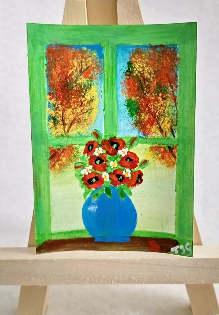 ACEO original poppies in window acrylic painting Small flowers scenery by Jayne ACEO original poppies in window acrylic painting Small flowers scenery by Jayne