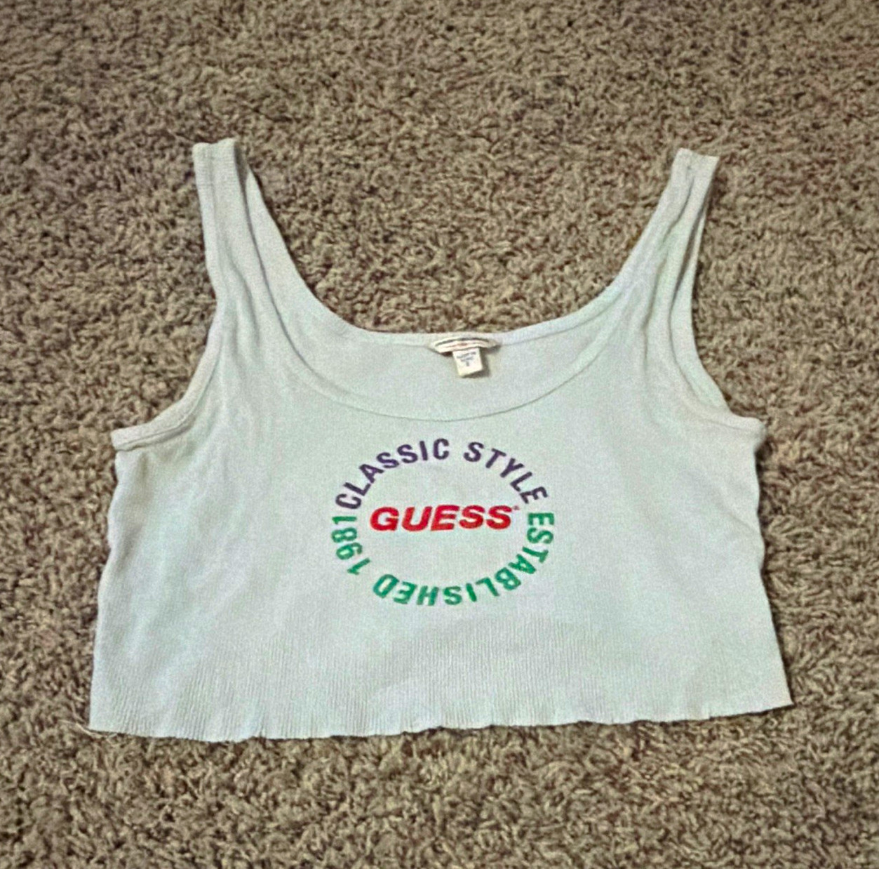 Y2K GUESS Women\'s Light Blue Logo Scoop Neck Cropped Knit Stretch Tank Top S