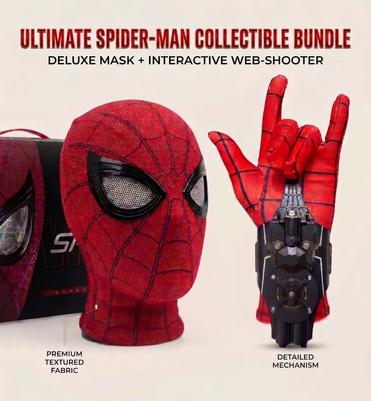 Spiderman Mask Moving Eyes & 8ft Web Shooter Launcher Toy Combo Gift Holloween