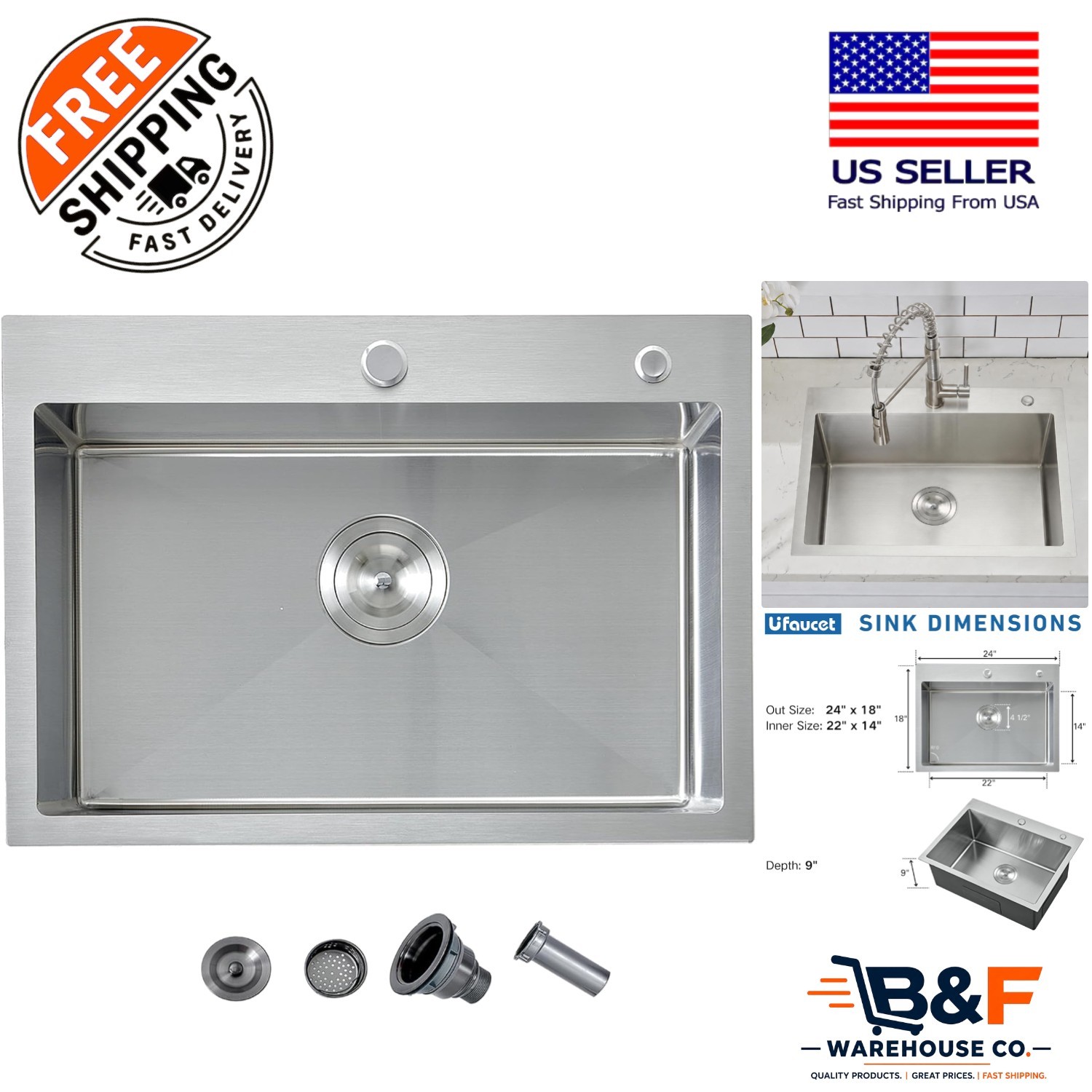 Elegant 24 Inch Drop-In Kitchen Sink, 304 Stainless Steel, Brushed Nickel Finish