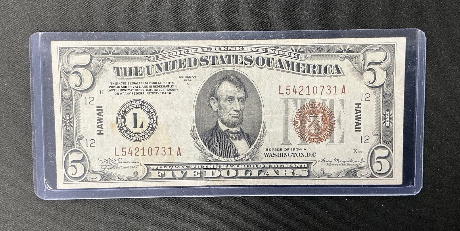 1934A $5 Hawaii Federal Reserve Note WWII Emergency Brown Seal Fr 2302 L-A ~ Z24