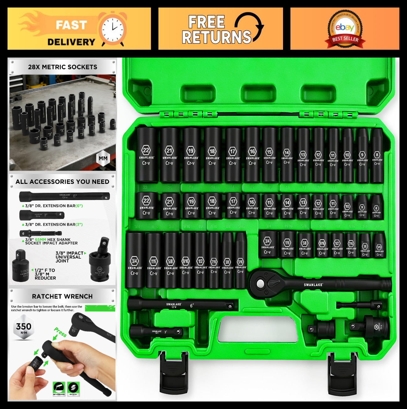 50-Piece Impact Socket Set 3/8'' Drive - SAE & Metric, 6 Point, Cr-V, Ratchet &