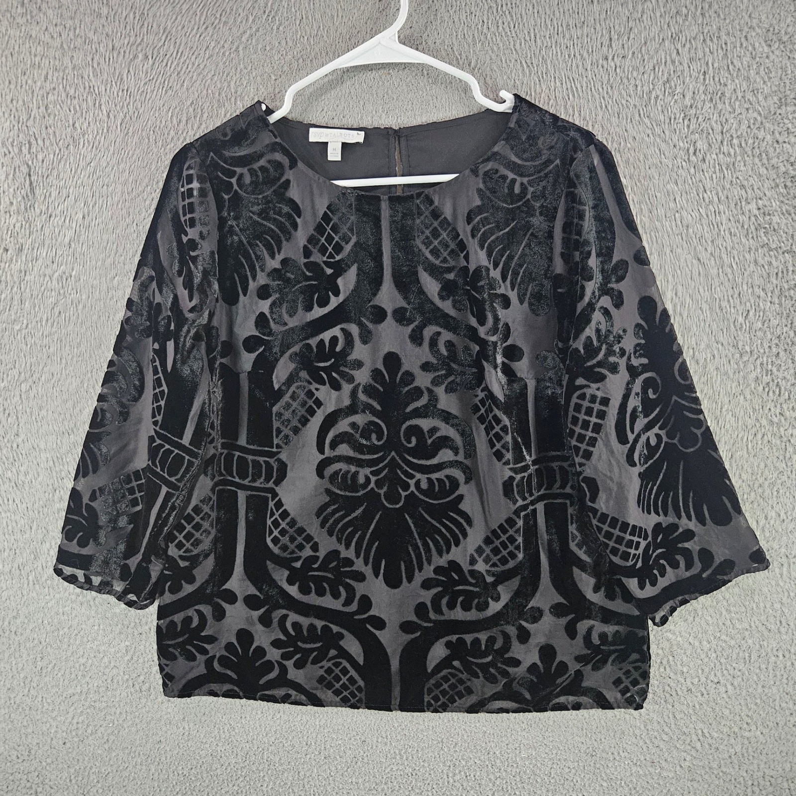 RSVP by Talbots Womens Black Velvet Burnout Damask Blouse 3/4 Sleeve Size M