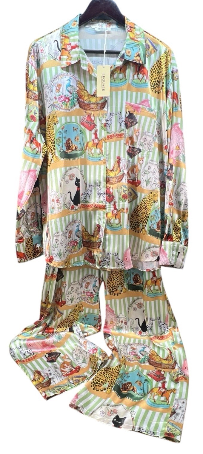 Ekouaer Pajama Set XL Satin Big Cats Rooster Lepord Farmhouse Karen Mabon Style Ekouaer Pajama Set XL Satin Big Cats Rooster Lepord Farmhouse Karen Mabon Style