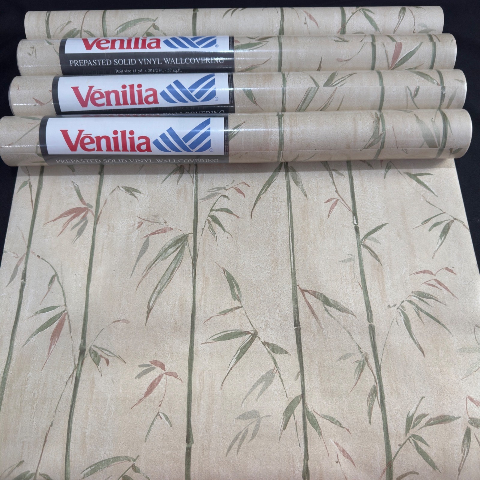 NOS MCM Vintage Venilia Bamboo Vinyl Wallpaper Prepasted Beige Green 4 Rolls NOS MCM Vintage Venilia Bamboo Vinyl Wallpaper Prepasted Beige Green 4 Rolls