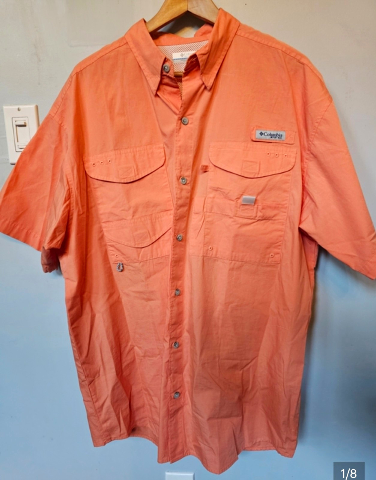 Columbia PFG Performance Fishing Gear Orange Peach Short Sleeve Button Down L