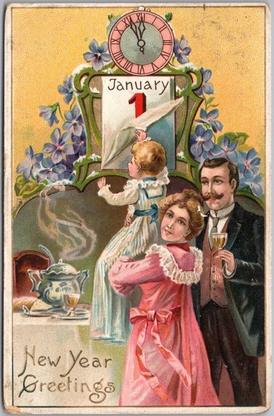 1909 Tuck's HAPPY NEW YEAR Embossed Postcard Family / Child w/ Calendar Page