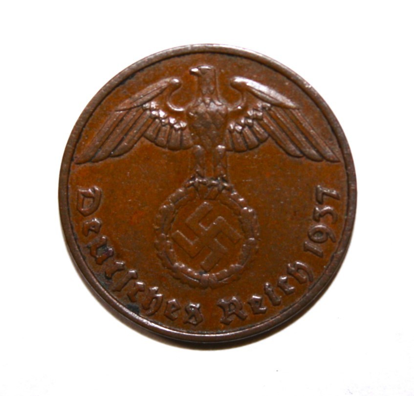 S9 - Germany 2 Reichspfennig 1937-F Almost Uncirculated Bronze Coin - Swastika