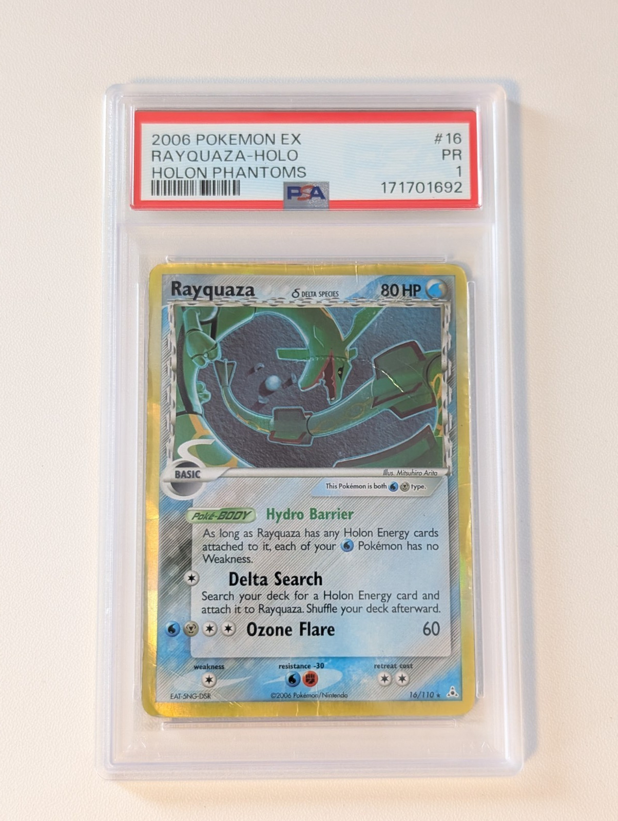 2006 Pokemon Holon Phantoms EX PSA 1 Rayquaza #16 Holo FRESH GRADE SLAB