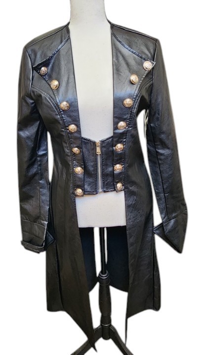 SHEIN Black Faux Leather Steampunk Military Tailcoat Corset Detail Gothic Size S SHEIN Black Faux Leather Steampunk Military Tailcoat Corset Detail Gothic Size S