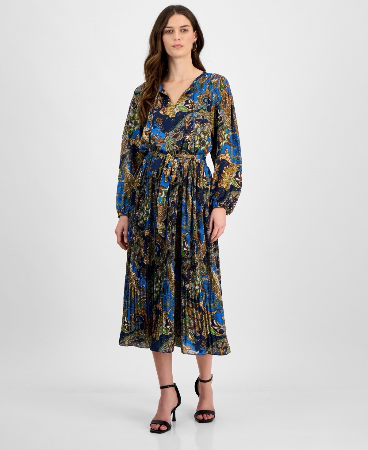 $148 T Tahari Women\'s Dress Sz M Printed Long-Sleeve Fit & Flare