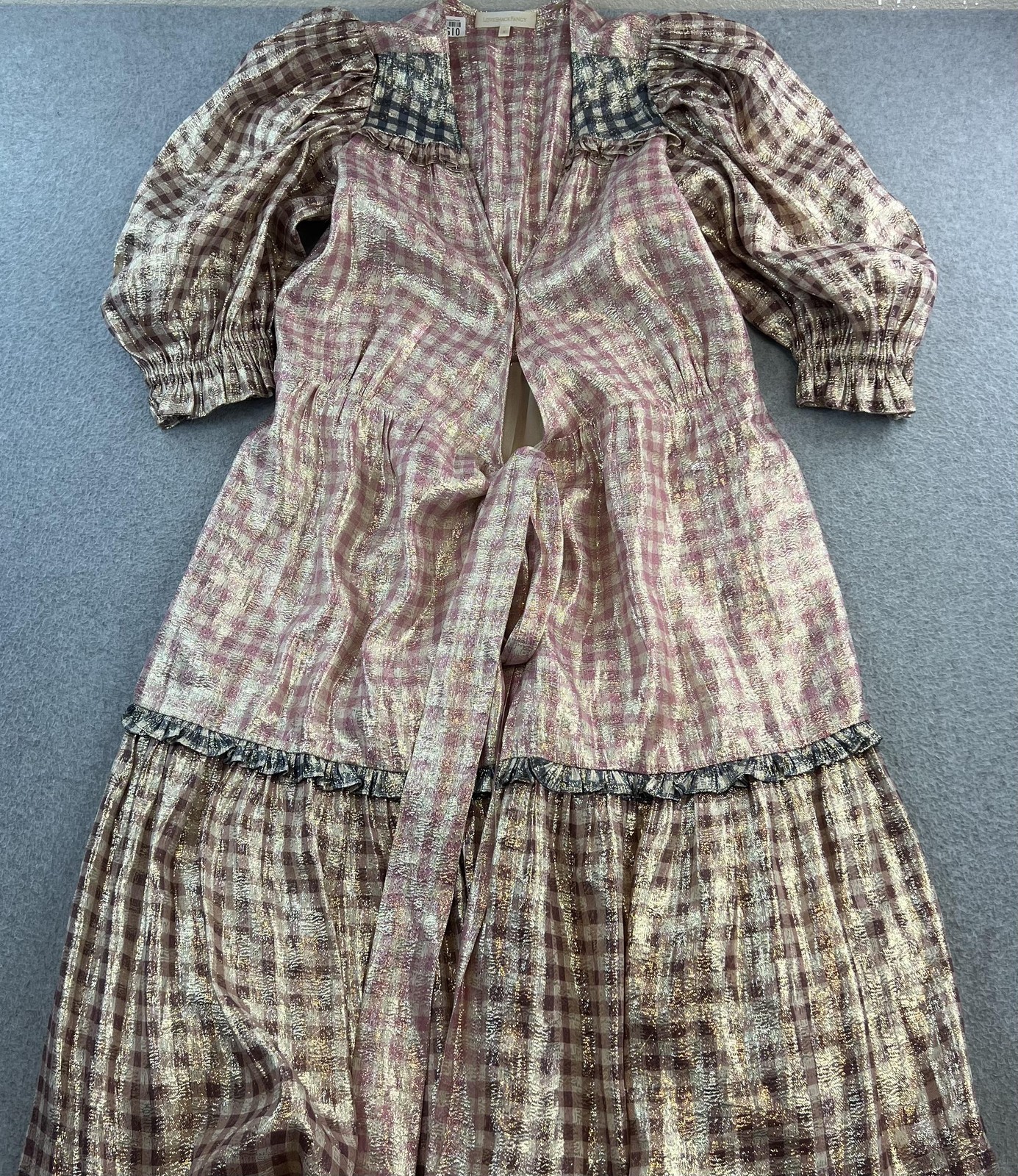 Love Shack Fancy Dress Small Pink Gold Metallic Plaid Puff Sleeve Maxi Boho