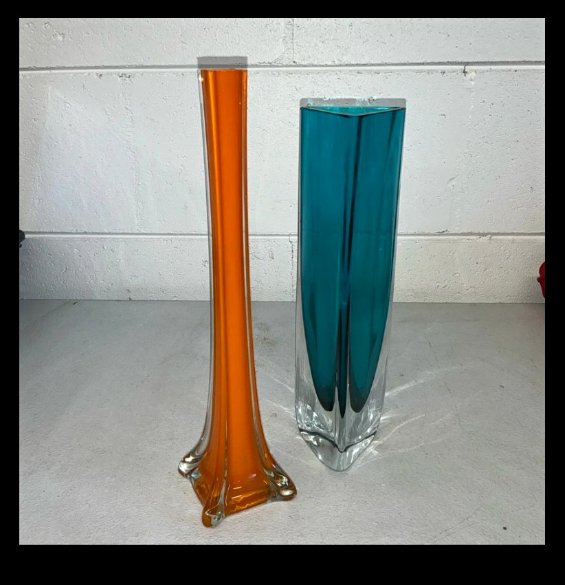 MURANO - Pair of Vintage Mid Century Vases - Orange Swung & Teal Sommerso