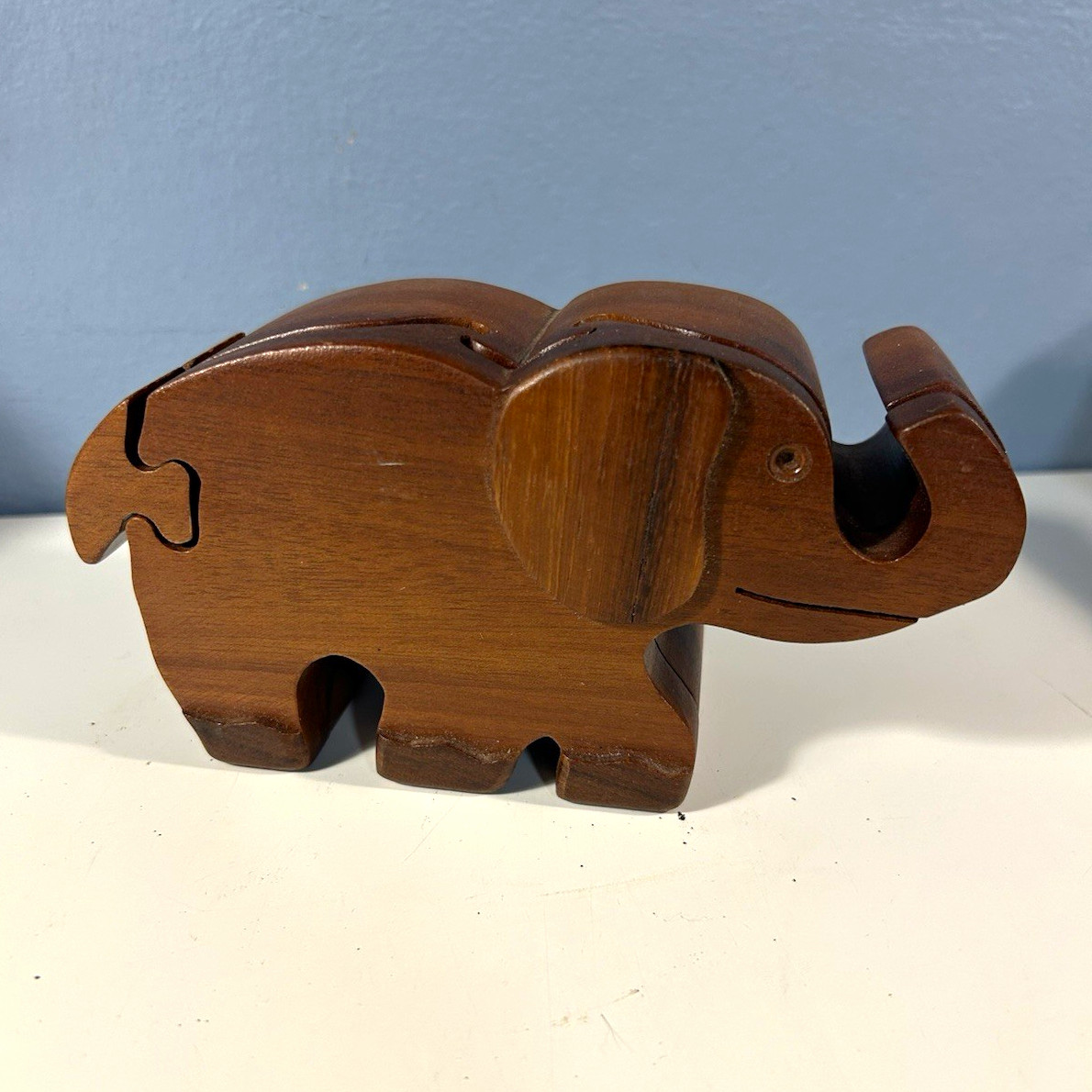 Vintage Wooden Elephant Secret Puzzle Box Hand Carved Velvet Lined Trinket Stash