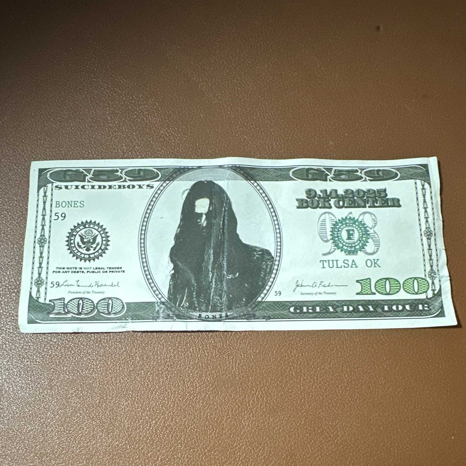 Suicideboys Grey Day Tour Tulsa OK 9.14.2023. $100 Bill Paper Print. BONES Suicideboys Grey Day Tour Tulsa OK 9.14.2023. $100 Bill Paper Print. BONES