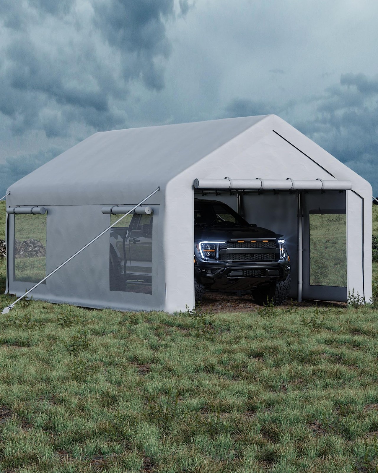 12x20 ft Portable Garage Shed, Car Port W/ 200g PE Tarp Canopy & 2 Roll-Up Doors