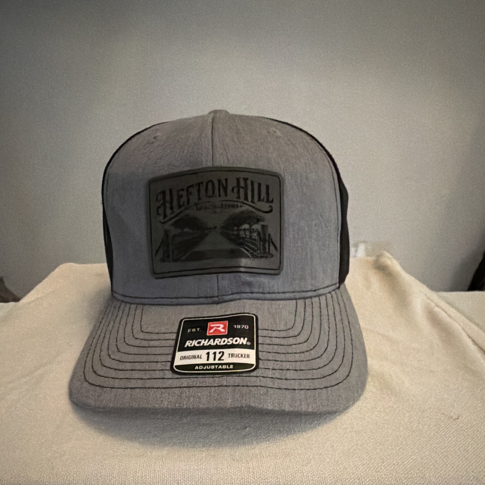 Richardson 112 Trucker Hat Gray/Black Mesh Back Adjustable Hefton Hill Patch Richardson 112 Trucker Hat Gray/Black Mesh Back Adjustable Hefton Hill Patch