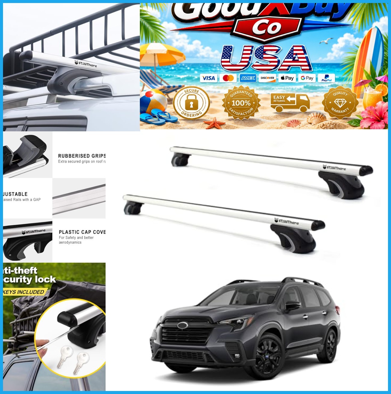Roof Rack Cross Bars 56 Inch Aero Aluminum Universal 200 lbs Capacity Raised