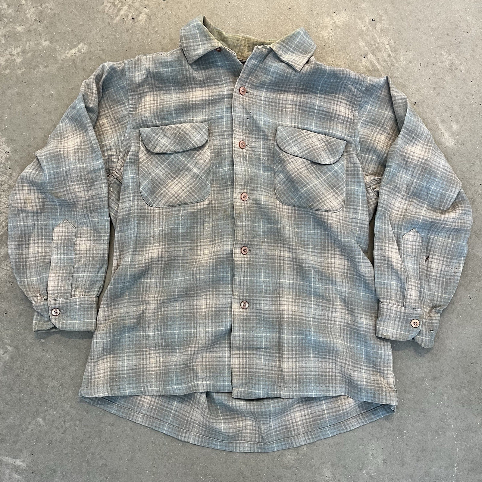 Vintage 1960s Pendleton Board Shirt Mens M Wool Gray Plaid Loop Collar