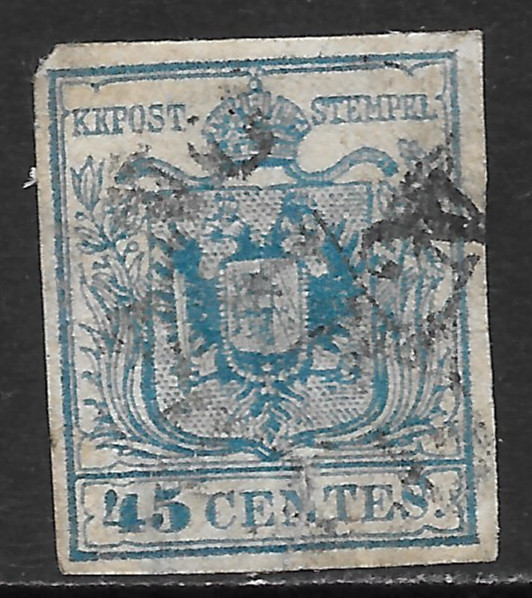 AUSTRIA  LOMBARDY - VENETIA SCOTT 6 USED VF - 1850 45c BLUE  COAT OF ARMS