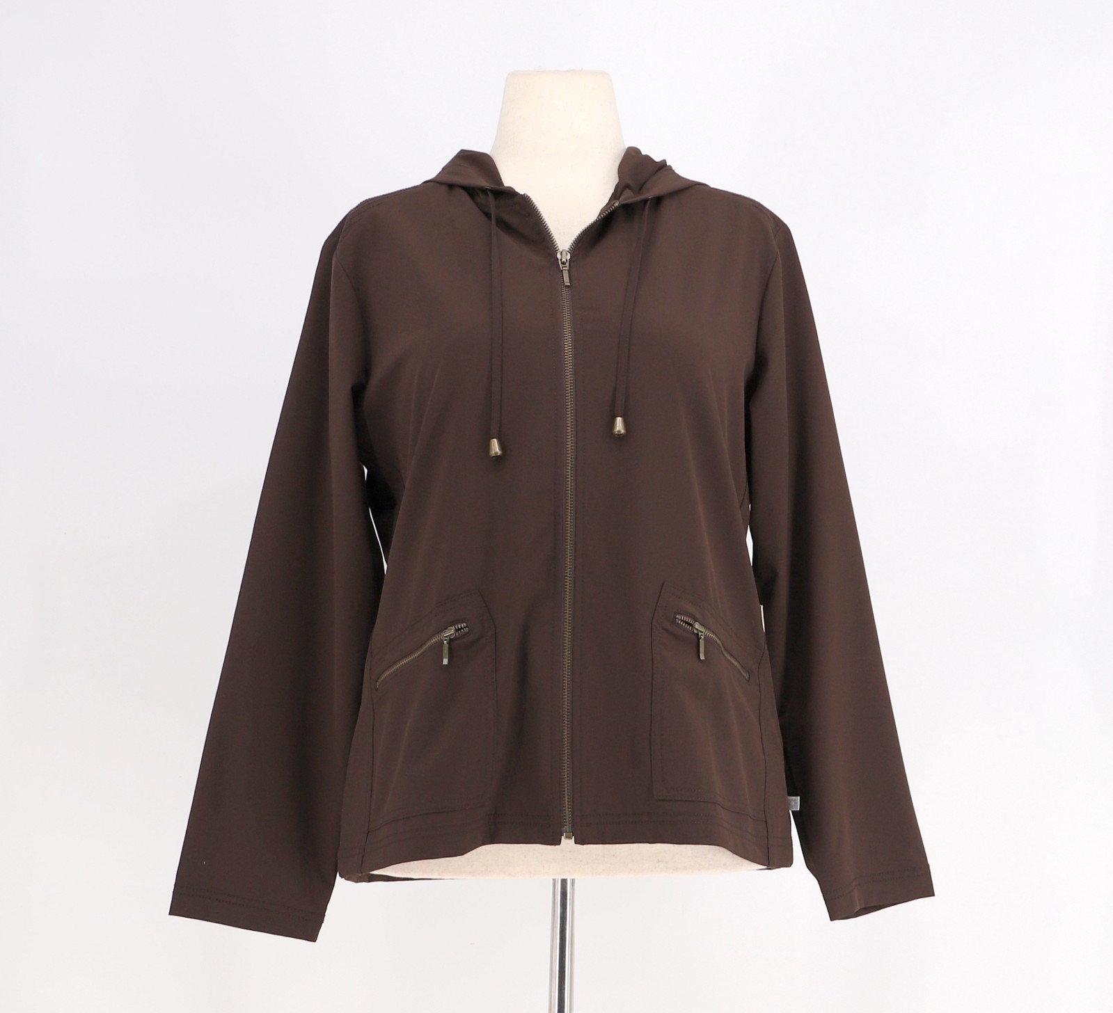 NWT CHICO\'S Zenergy Nneema Court Side Hooded Jacket in Chocolate Brown Size 2/L