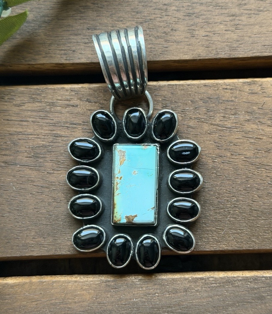 Navajo Sterling Silver Black Onyx Turquoise Cluster Pendant La Rose Navajo Sterling Silver Black Onyx Turquoise Cluster Pendant La Rose