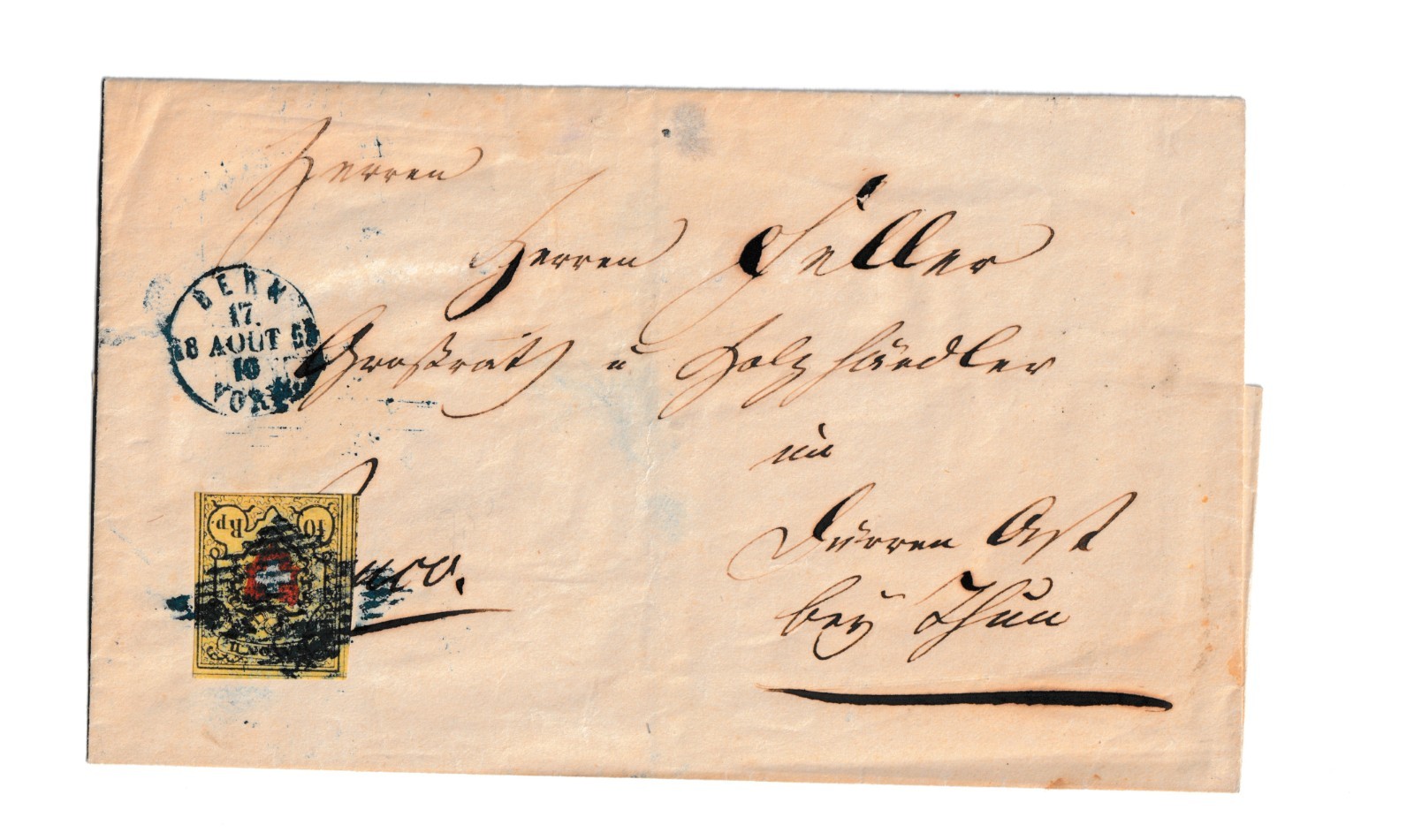 SWITZERLAND 1853 RAYON II 10Rp on Cover BERN Blue Cancel to Eriz Thun Mi 8II