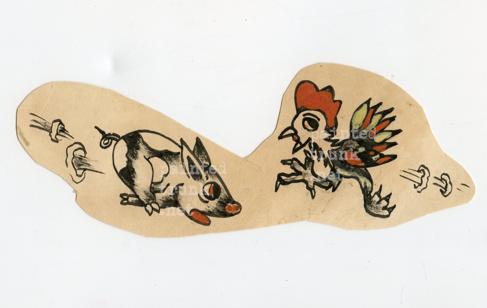 original antique 1930s sailor pig rooster luck tattoo flash folk art texas 2x7