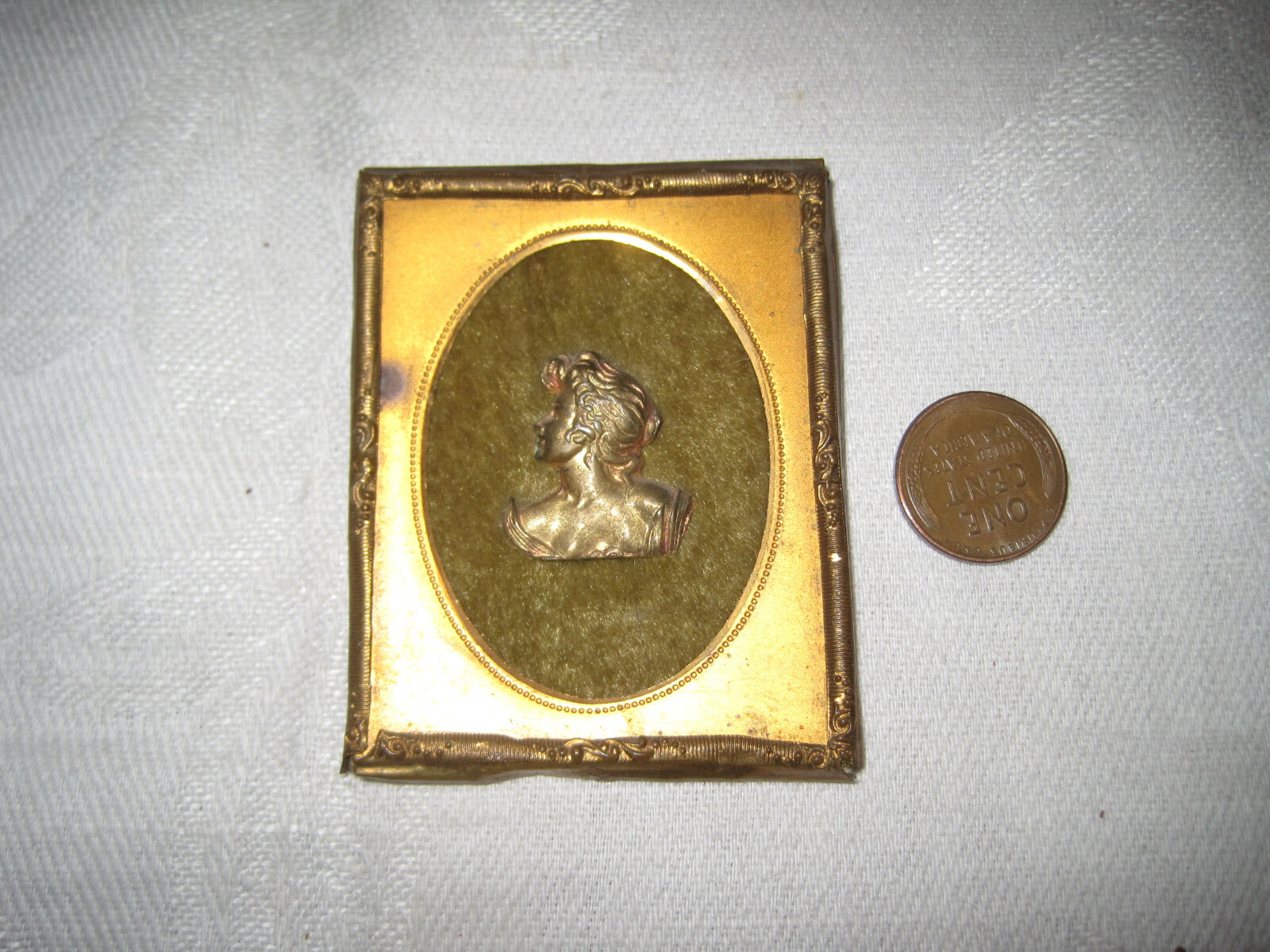 Antique miniature dollhouse Victorian brass cameo portrait picture, 1:12 scale