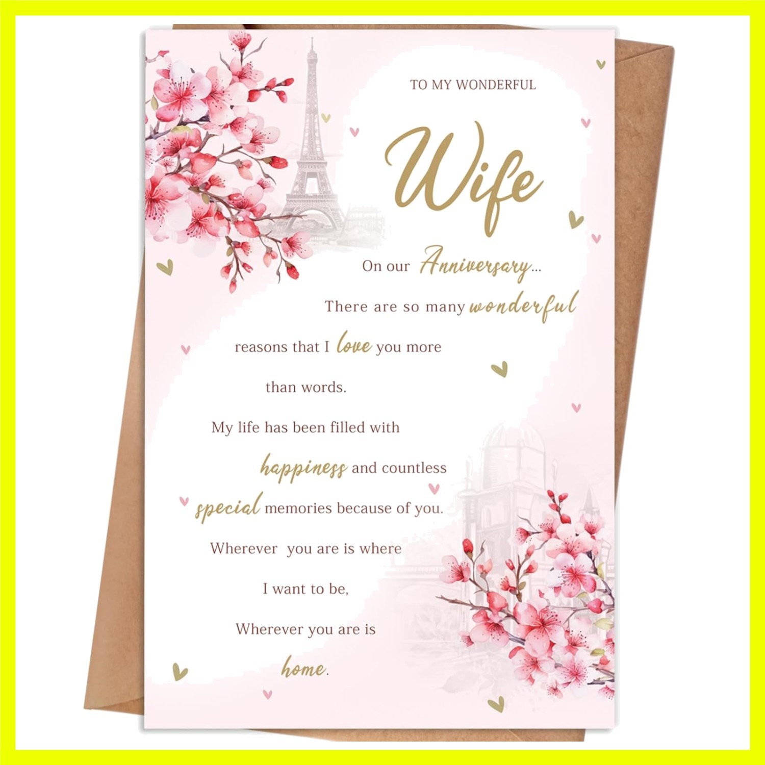 Elegant Pink Anniversary Card Gift for Wife - Includes Envelope & Stickers