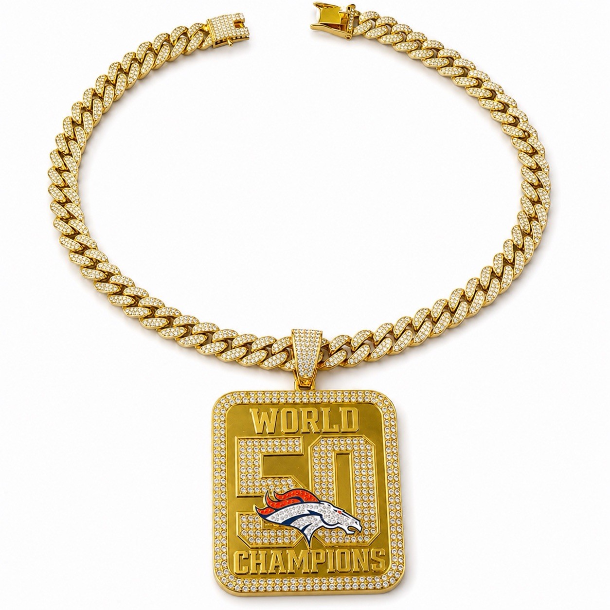 Denver Football World 50 Champions Gold Iced Out Cuban Chain Pendant Necklace