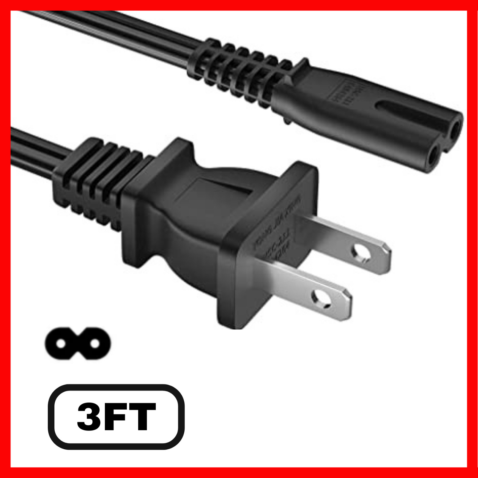 Lot AC 2 Prong Power Cord 3FT 5FT 10FT Standard 2-Slot Power Cable Replacement