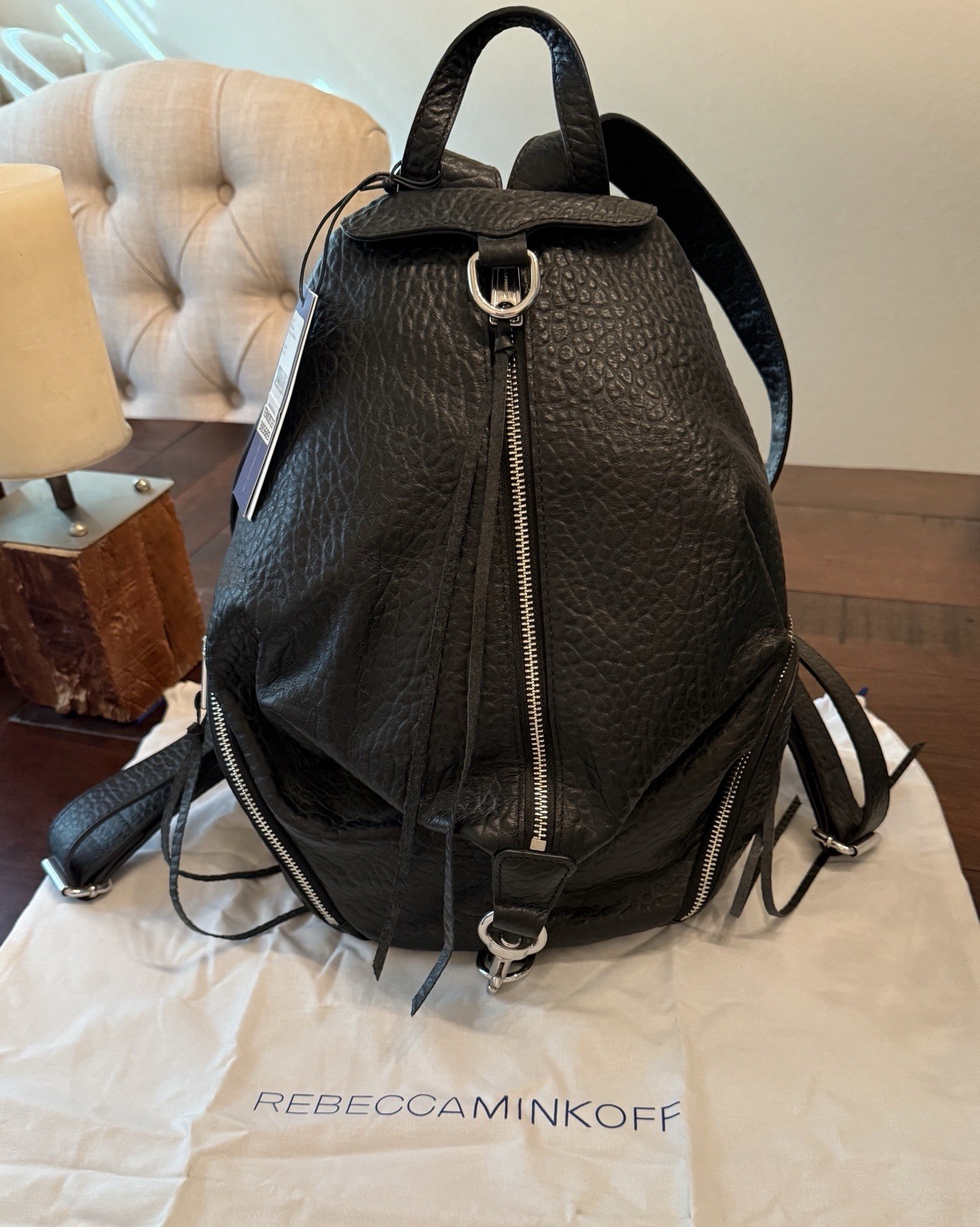 NWT Rebecca Minkoff Julian Backpack Black Pebbled Leather, Zipper Pockets & bag 