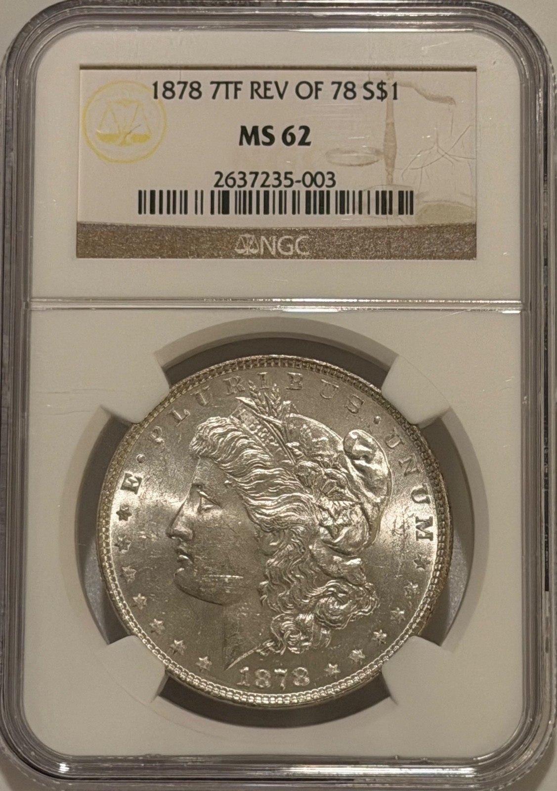 1878 7tf Morgan Silver Dollar Rev of 78 NGC MS62